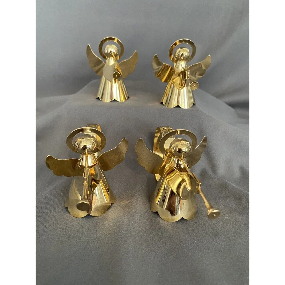 CHRISTMAS ANGEL TRUMPET BRASS GOLD TONE NAPKIN RINGS HOLDERS PLAYING TRUMPET SET